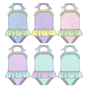 Monogramma personalizzato <span class=keywords><strong>bambina</strong></span> Seersucker Bathing Sui tBaby Kids Girls <span class=keywords><strong>costume</strong></span> <span class=keywords><strong>da</strong></span> <span class=keywords><strong>bagno</strong></span> in cotone <span class=keywords><strong>costume</strong></span> intero con volant - Product Image 1