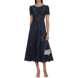 Vestido de Fiesta Largo Casual Azul Sólido con Encaje, Manga Corta, Adornado con Pedrería y Perlas, Elegante y de Lujo Ligero para Verano - Product Image 1
