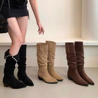 Bottes hautes souples pour femmes, à bout pointu, talon carré, en daim, avec œillets et clous, style western, 3 couleurs.