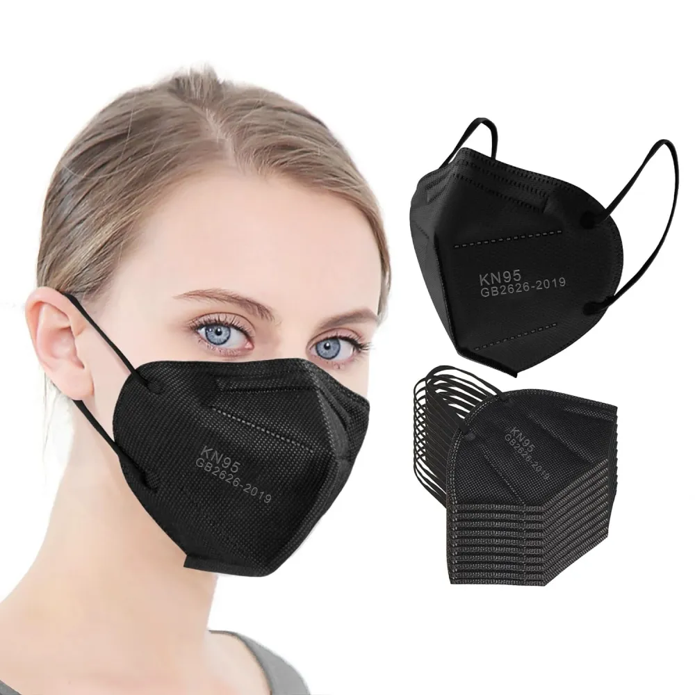 KN95 Face Mask Black 5 Layer Cup Dust Safety Masks Filter Efficiency 95% Breathable Elastic Ear Loops Black Masks