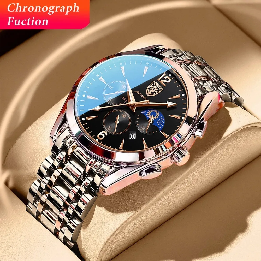 POEDAGAR 829 Custom Brand Watch for Men Newest Luxury Stainless Steel Quartz Watches Automatic Calendar Fashion Wristwatch Reloj