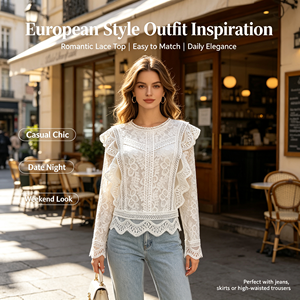 Nouvelle Blouse Femme Style Européen & Américain Coupe Ample Couleur Unie Manches Longues Dentelle Creuse Ourlet Volanté Fermeture Éclair au Dos Top Sexy - Product Image 4