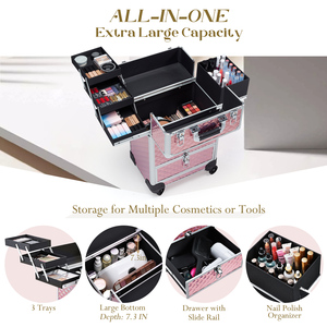 ड्रॉअर मेकअप बॉक्स के साथ रोलिंग मेकअप ट्रॉली मामले में अतिरिक्त बड़ी क्षमता कॉस्मेटिक ट्रेन केस नेल आयोजक यात्रा नाई - Product Image 2