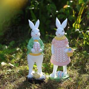 Wholesale Eco-Friendly Animal <b>Easter</b> Bunny Couple Resin Rabbit Statue With <b>Easter</b> Eggs and <b>Basket</b> Spring Garden Outdoor Decor - Product Image 1