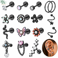 Pendientes de Acero Inoxidable 316L con Recubrimiento PVD para Piercing de Tragus, Cartílago, Hélix, Concha y Lóbulo, Negros, con Parte Trasera Plana, Tipo Labret, Venta al por Mayor