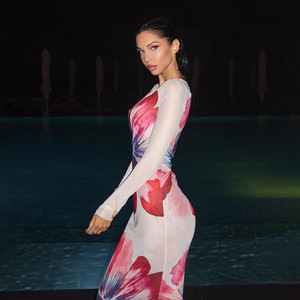 Robe longue imprimée en maille pour femme, col rond, manches longues, moulante, imprimé floral, robe de soirée, taille naturelle, jupe longue, translucide - Product Image 4