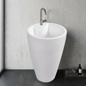 Red Flower Print One Piece Pedestal Wash Basin Asian Design Modern <b>Floor</b> Standing Solid Surface Sink - Product Image 6