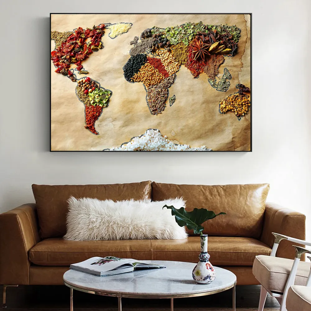 Decoración moderna de la sala de cocina pinturas de mapa de grano mapa del mundo lienzo arte de pared