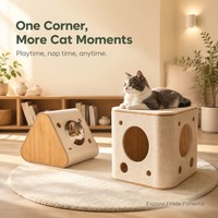 Indoor-Haustiermöbel: Katzenhaus aus Naturbambusholz mit Filz, Mehrfachloch-Katzenversteck, interaktive Katzenspielbox