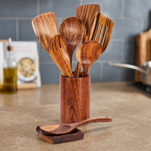 MZF 6-Piece Organic Natural Teak Wood Utensil <b>Set</b> with Skimmer & <b>Spatula</b> Spoon Size S - Product Image 3