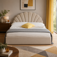 Cadre de lit de rangement rembourré moderne avec tête de lit en forme d'éventail en tissu beige doux