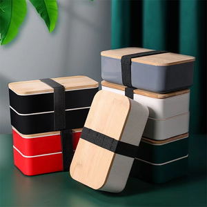 Hot Sale 2-Layers Reusable BPA Free Picnic Food Container Japanese Bento Lunch Box Kids with Wood Bamboo Lids & Cutlery Set