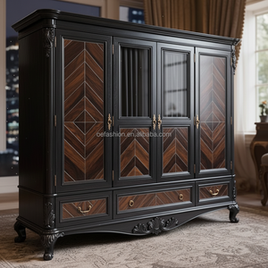 Armario de Madera Maciza Negra Antigua OE-FASHION, Armario de 4 <span class=keywords><strong>Puertas</strong></span> con Marquetería de Nogal, Cajones y Espejo - Product Image 1