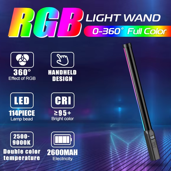 ULANZI VL119 Handheld Light Wand, 360° RGB LED Video Light Stick for Photography,2500-9000K Dimmable Camera Light with LCD
