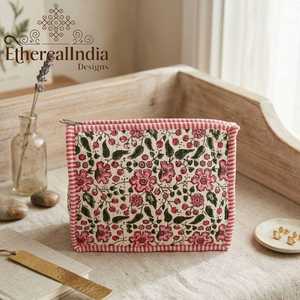 Block Print Floral Quilted Cosmetic <b>Bag</b> Cotton Makeup Organizer Travel <b>Toiletry</b> Zipper Pouch - Product Image 4