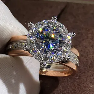 草石超大宝石钻石闪闪发光锆石订婚戒指新娘女性双色戒指银色正式