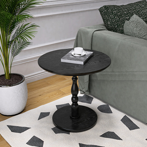 Tavolino Rotondo Nero da 23 Pollici con Gambe in Legno Massello, Tavolino Moderno per Piccoli Spazi, Comodino - Product Image 3