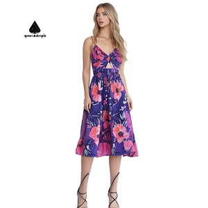 Vert fossette 2025 été plage Boho femmes col en v creux robe mi-longue dame élégant imprimé fleuri robes sans manches - Product Image 4