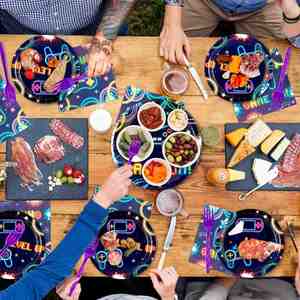 FDA Approved 9-Inch <b>Disposable</b> White and Black CMYK Round Paper <b>Plate</b> 350gsm Video Game-Themed Party Supplies - Product Image 5