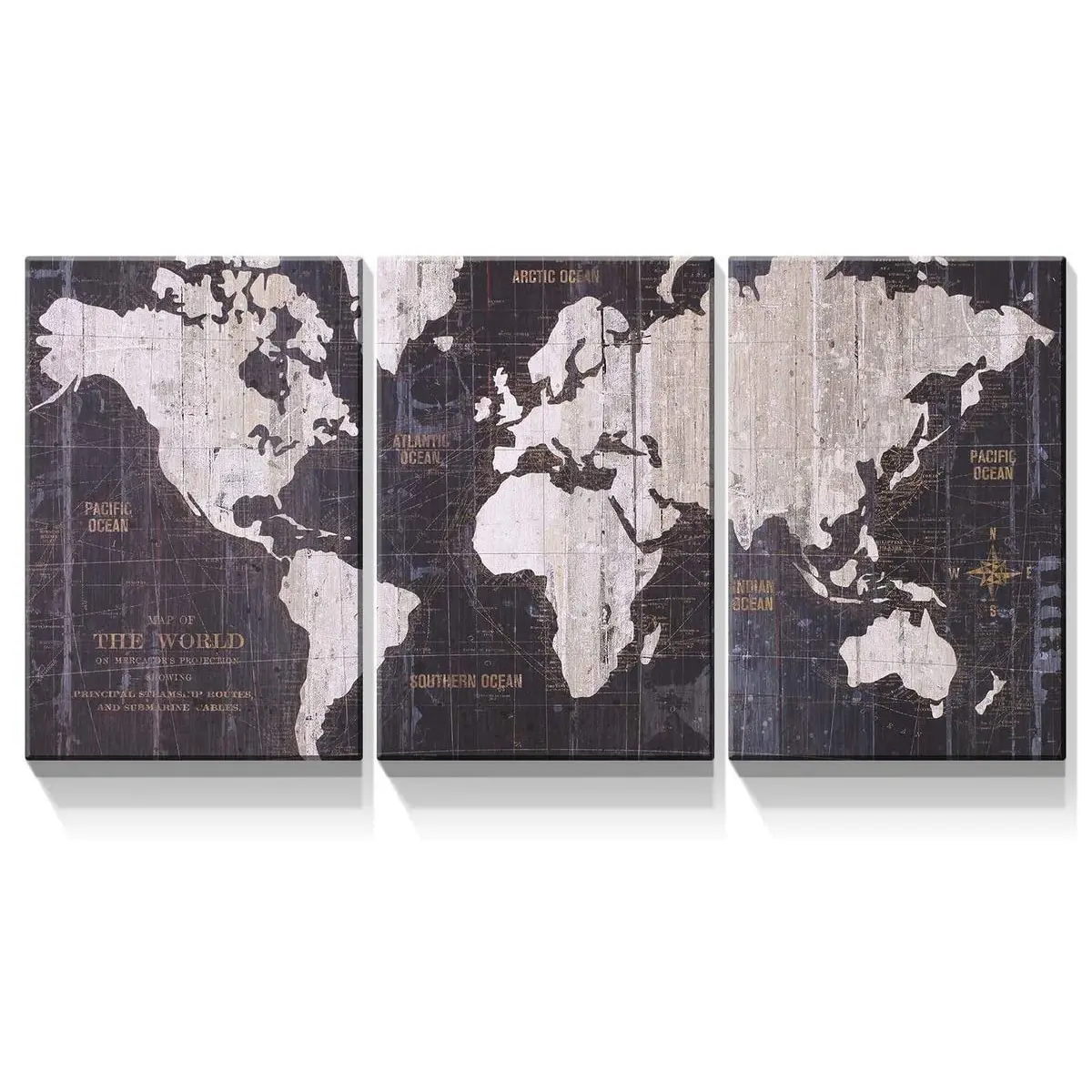 World Map Vintage Background 3 Panel Oil Painting Wall Art Modern Painting For Living Room On Canvas