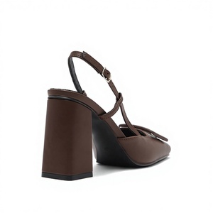 Pumps en cuir véritable marron de qualité supérieure, bout carré, bride en T avec boucle, talon bloc, tendance mode toutes saisons - Product Image 3