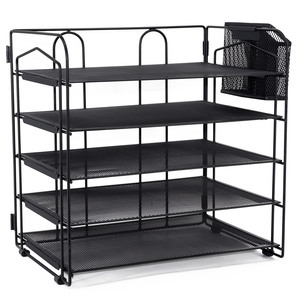 Organizador de escritorio de metal negro de 5 niveles con 6 carpetas de archivos de plástico de colores y portalápices 5to paquete adicional para uso en la oficina - Product Image 2