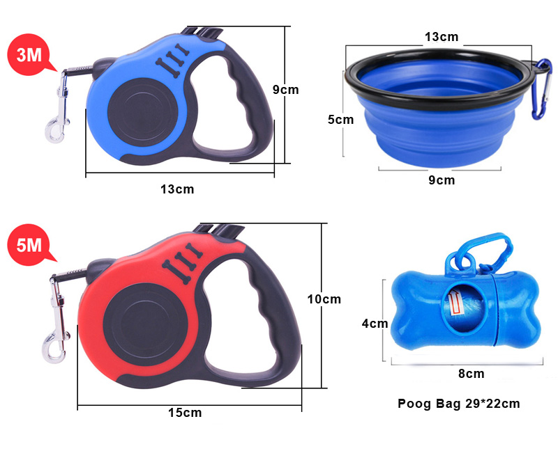 Laisse de chien rétractable avec distributeur de sac de déchets de merde de chien et bol de chien limite de marche robuste pour accessoires pour animaux de compagnie