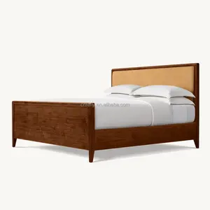 FERLY 2024 New Bed Bedroom Furniture Set King Queen Size Postmodernism Walnut Wood Frame Leather Panel Bed With Footboard