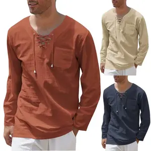 Camisa de lino 2022 de algodón para hombre, camisa de manga larga con cuello en V y cordones, informal, a la moda, venta al por mayor y personalización
