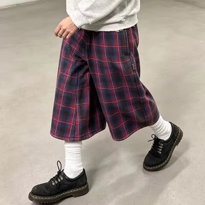 Men Red Black <b>Plaid</b> Cropped Wide Leg Pants Side Zipper Design Vintage Tartan Loose 7/8 Length Casual <b>Trousers</b> - Product Image 2