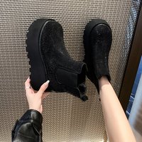 Bottines Chelsea à plateforme en strass pour femme, noires en PU, à enfiler, semelle épaisse en caoutchouc, chaudes pour l'hiver, logo personnalisé, vente en gros