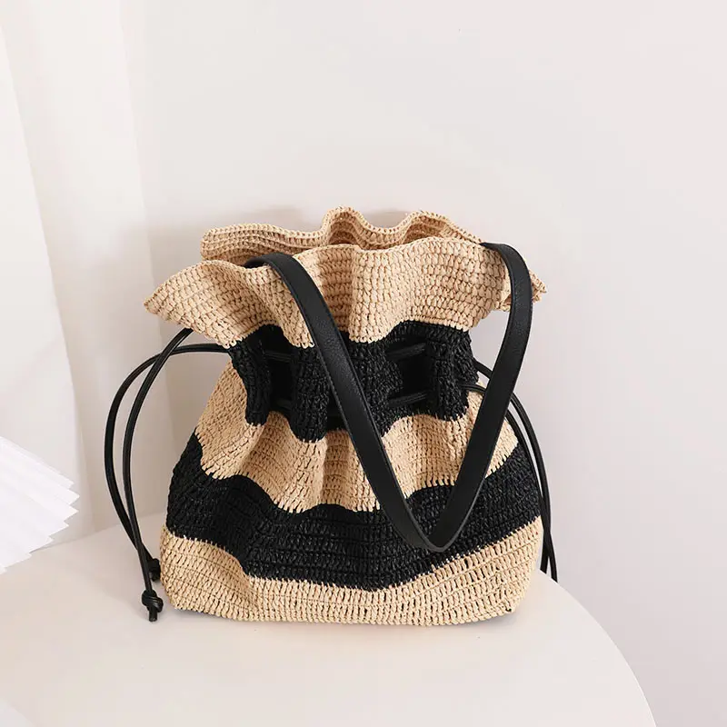 Raffia woven shoulder bag women custom luxury drawstring handbag summer beach crochet bag with fashion stripe