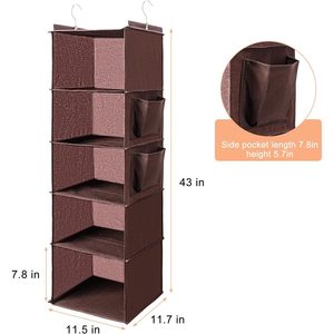 Organisateur de placard suspendu à 5 étagères avec 2 poches latérales, rangement pliable pour vêtements et serviettes de chambre à coucher, marron - Product Image 3