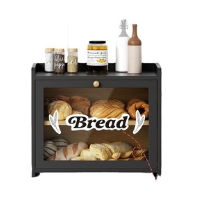 Boîte de rangement à pain double couche en bois massif, présentoir transparent noir, organisateur de condiments pour comptoir de cuisine - Product Image 1