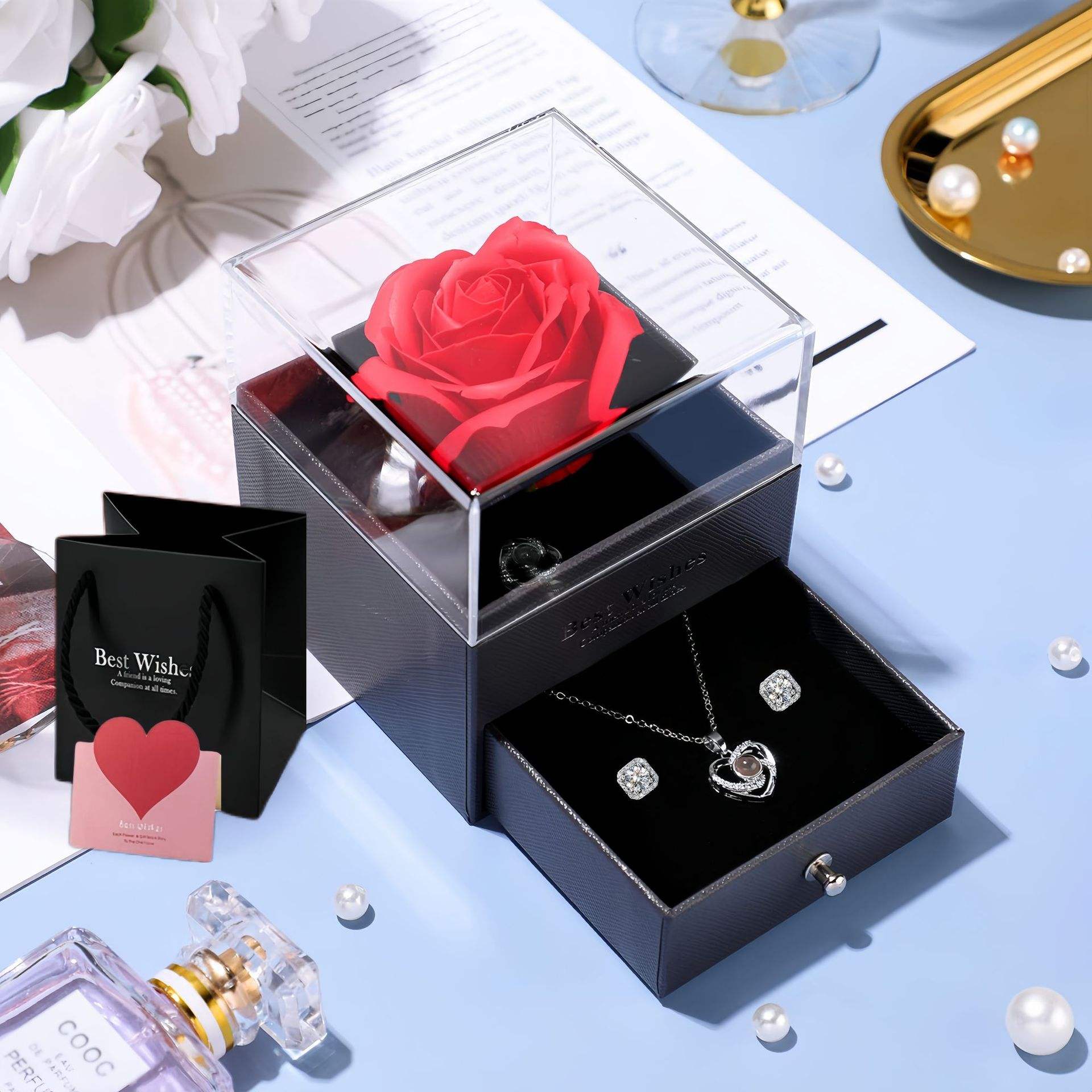 Collier et boucles d'oreilles en or blanc - Coffret cadeau rose