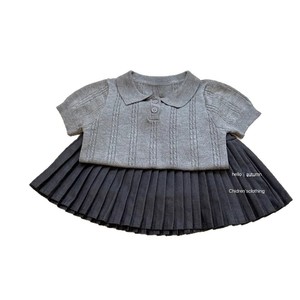 Girls Knitted Short Sleeve Polo Shirt And Pleated Skirt Set Gray Cotton Summer Outfit For Children - Product Image 4