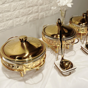 Chauffe-plat rond en verre doré pour buffet, alimenté à l'alcool, idéal pour mariages, banquets, fêtes à domicile et traiteur - Product Image 3