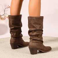 Bottes d'équitation plissées style euro-américain à talon épais, amincissantes, mi-mollet, talons hauts (6-8 cm), antidérapantes, automne/hiver