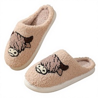 Chaussons d'hiver transfrontaliers pour femmes, style tête de taureau à visage souriant de dessin animé, semelle extérieure en TPR, antidérapants, doublure en peluche chaude, vente en gros pour la maison et l'intérieur