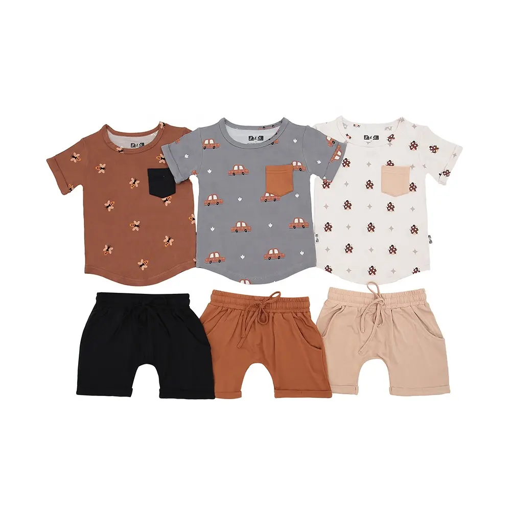 Unisex Summer bamboo 2pcs Clothing Set Pullover Top Romper O-Neck Closure Customized Print short sleeves Designs Day OEM Service