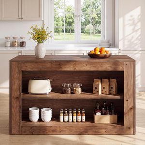 Isla de cocina SENYU de madera maciza rústica con estantes abiertos y almacenamiento para decoración del hogar y utensilios - Product Image 2