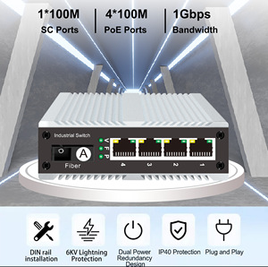 4-port PoE 10/100M Industrial <strong>Switch</strong>, 1 SC Port <strong>Single</strong>-<strong>mode</strong> <strong>Single</strong> Fiber VLAN Isolated DC Dual Power Supply - Product Image 3