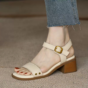 Vintage Chunky Heel Sandals Women Mid Heel Magic Strap Open Toe Backless <b>Soft</b> Leather <b>Shoes</b> - Product Image 4