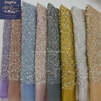 Tissu en dentelle à sequins et perles dorées, broderie géométrique sur tulle maillé pour Abaya de luxe, robe de mariée musulmane ou de soirée