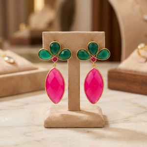 Handmade Ethnic Gold Plated Precious Metal Alloy Gemstone Drop <b>Earrings</b> for Party Occasions - Product Image 3