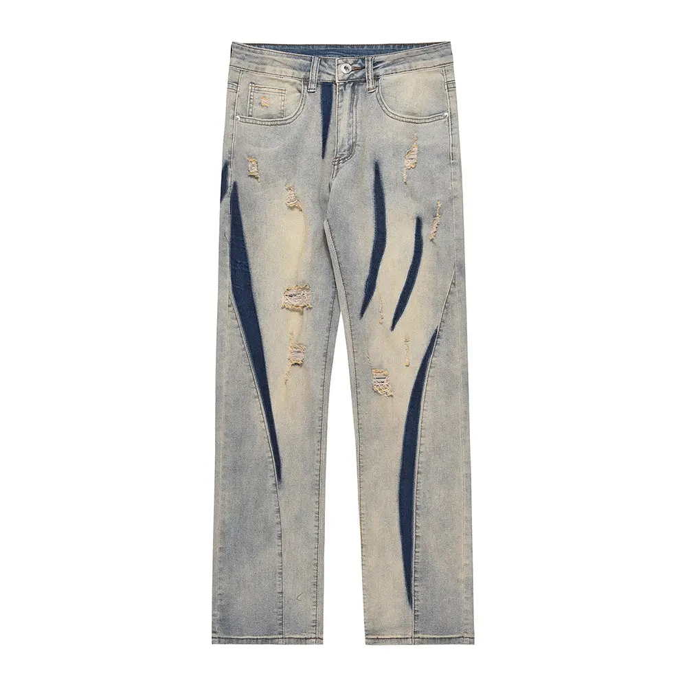Aangepaste 100% Katoenen Heren Distressed Jeans Abstracte Kunst Contrasterende Indigo Swirl Rip Steen Gewassen Blauw Rechte Fit Retro Design