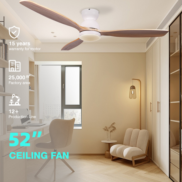 OEM/ODM High Quality DC Motor CB Certificated 52 Inch Remote Control Solid Wood 6 Speed Adjustable Led Ceiling Fan with Light