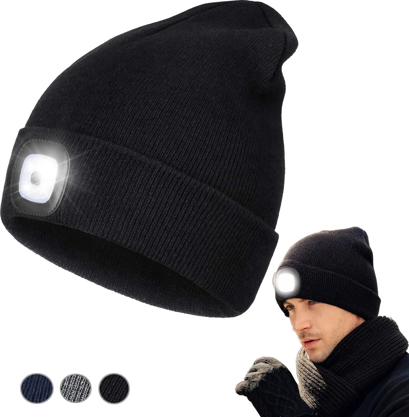 Topi lampu malam rajut uniseks, topi lampu kepala LED dengan USB dapat diisi ulang, topi lampu malam musim dingin