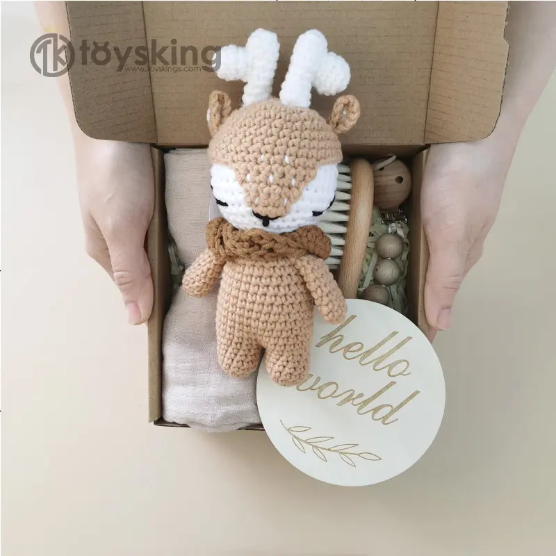 100% Handmade Crochet Giáng Sinh Món Quà Hươu Cho Bé Tắm Bộ Quà Tặng Amigurumi Moose Đồ Chơi Nhồi Bông Cho Trẻ Sơ Sinh Đồ Chơi
