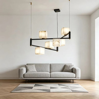 Lustre suspendu LED linéaire carré en marbre d'albâtre espagnol et cuivre, design de luxe pour table de salle à manger de villa et bar